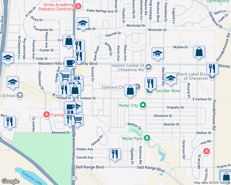 map of restaurants, bars, coffee shops, grocery stores, and more near 307 Miller Lane in Cheyenne