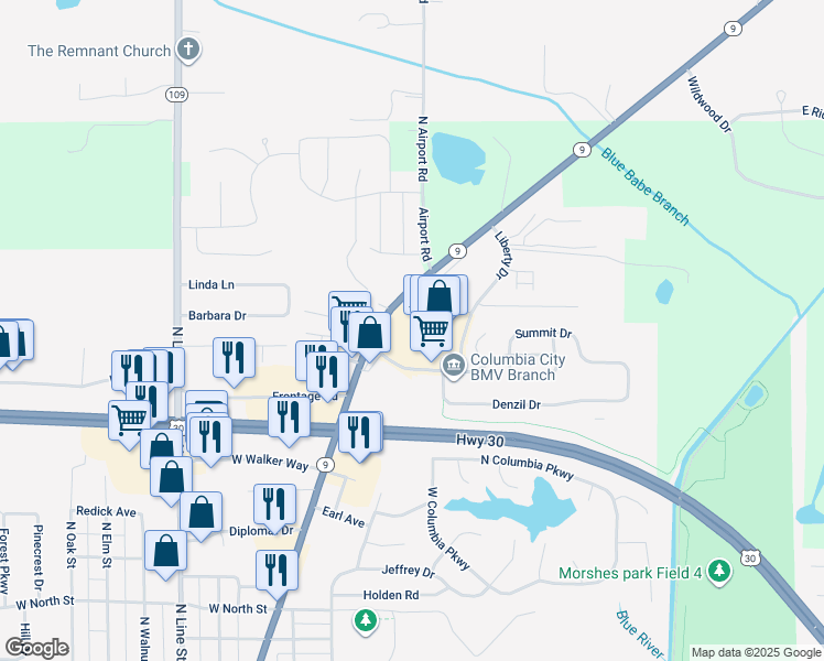 map of restaurants, bars, coffee shops, grocery stores, and more near 621 Countryside Drive in Columbia City