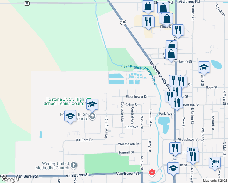 map of restaurants, bars, coffee shops, grocery stores, and more near 1208 Yonker Place in Fostoria