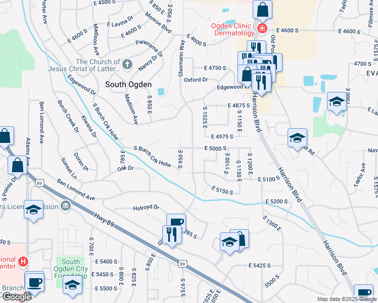 map of restaurants, bars, coffee shops, grocery stores, and more near 5031 Glasmann Way in Ogden