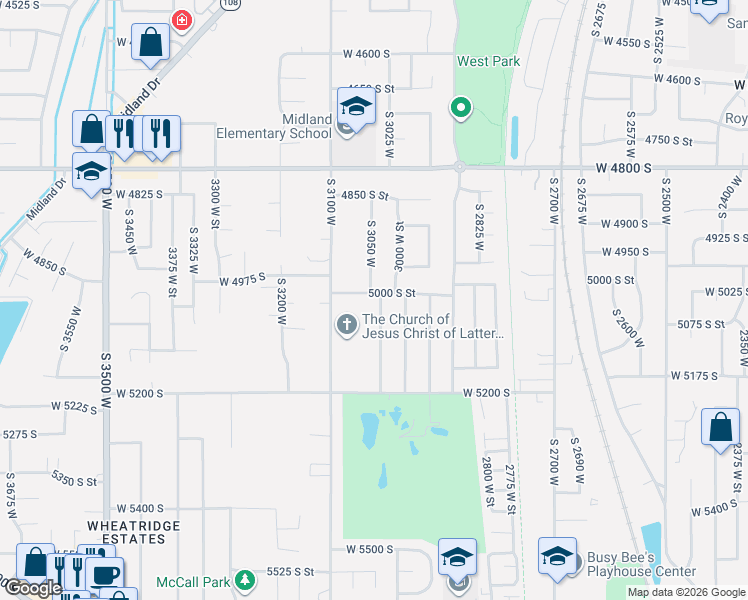 map of restaurants, bars, coffee shops, grocery stores, and more near 5011 South 3025 West in Roy
