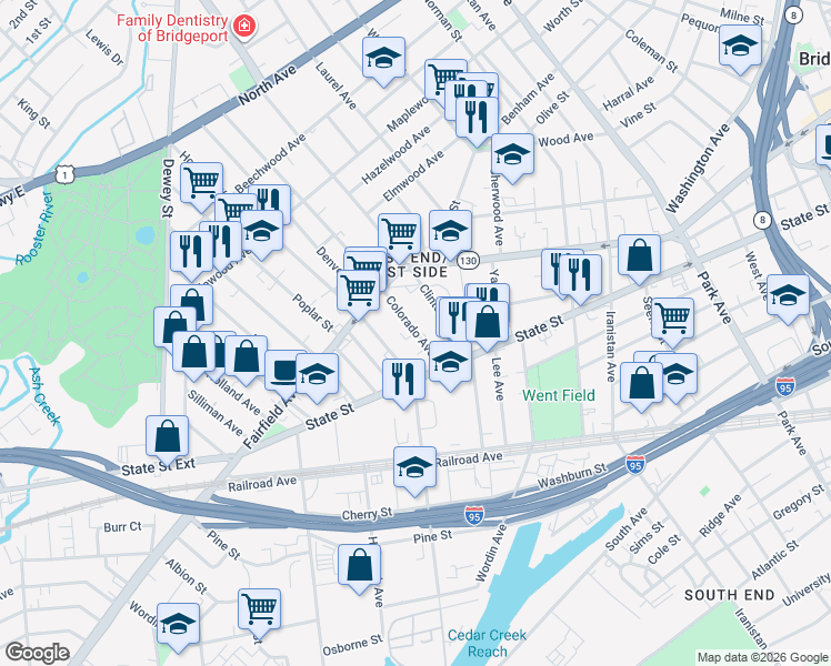 map of restaurants, bars, coffee shops, grocery stores, and more near 273 Colorado Avenue in Bridgeport