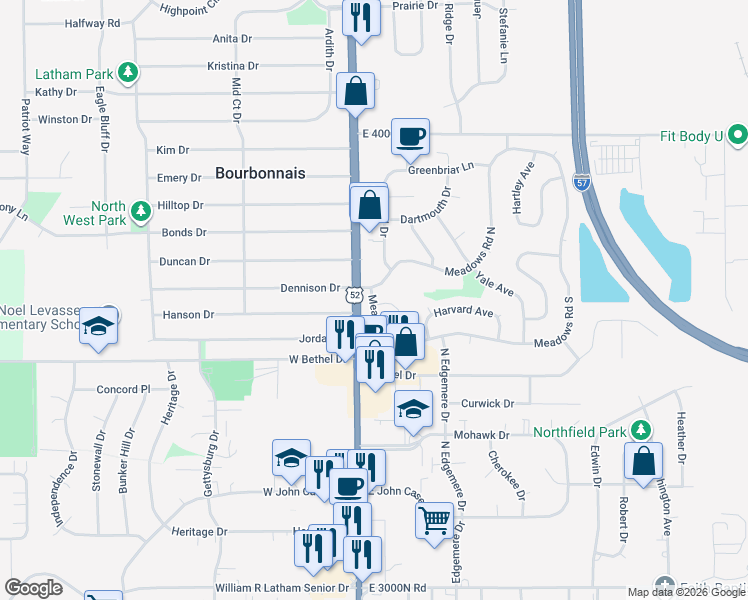 map of restaurants, bars, coffee shops, grocery stores, and more near 101 Meadows Road South in Bourbonnais