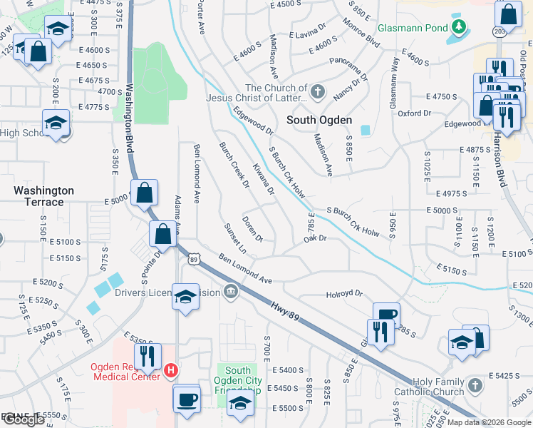map of restaurants, bars, coffee shops, grocery stores, and more near 5040 Burch Creek Drive in Ogden