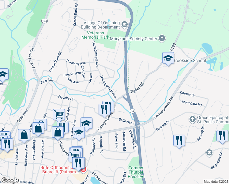 map of restaurants, bars, coffee shops, grocery stores, and more near 8 Narragansett Avenue in Ossining