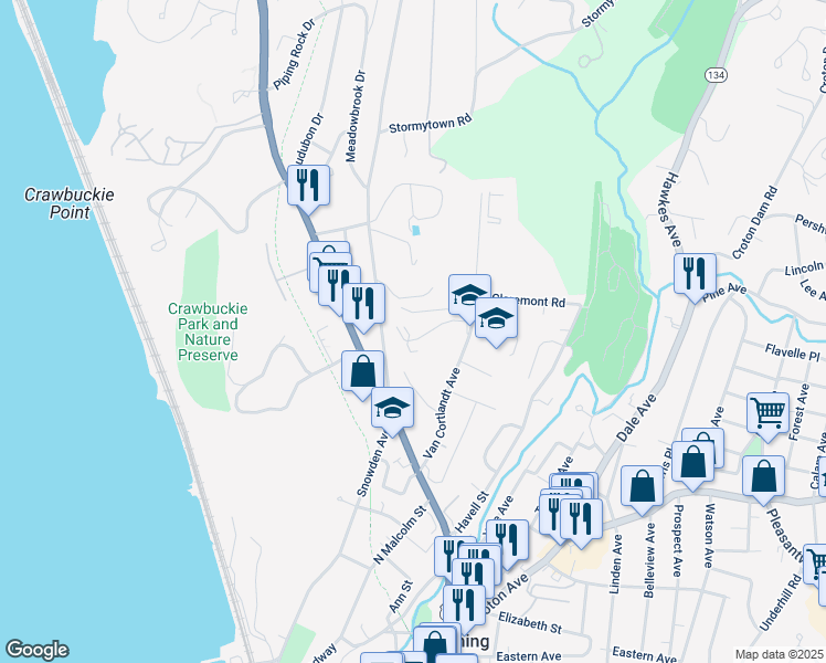 map of restaurants, bars, coffee shops, grocery stores, and more near 9 Hudson View Hill in Ossining