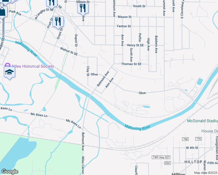 map of restaurants, bars, coffee shops, grocery stores, and more near 823 Ann Avenue in Niles