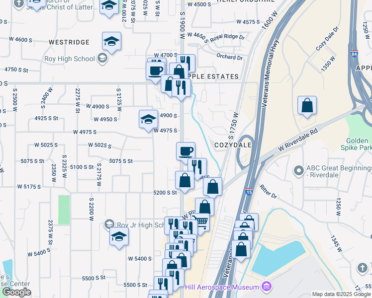 map of restaurants, bars, coffee shops, grocery stores, and more near 5000 South 1900 West in Roy