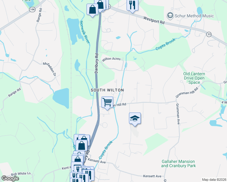 map of restaurants, bars, coffee shops, grocery stores, and more near in Wilton