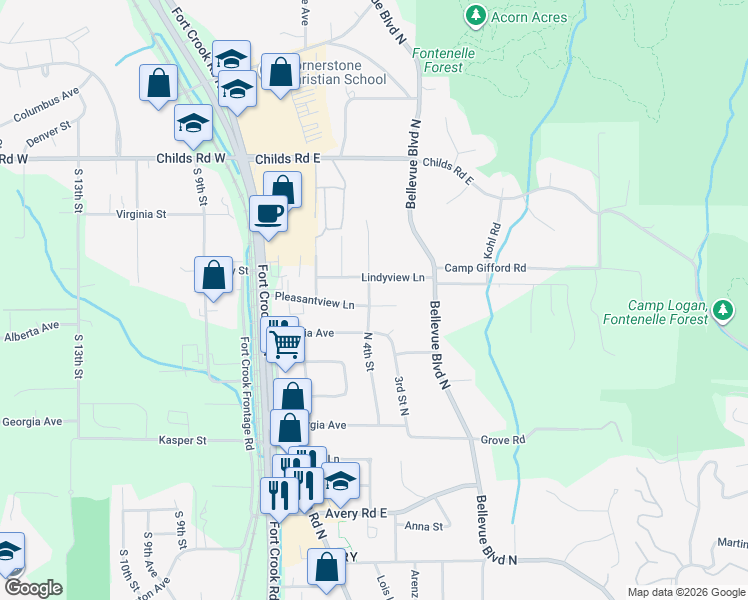 map of restaurants, bars, coffee shops, grocery stores, and more near 2002 Pleasantview Lane in Bellevue