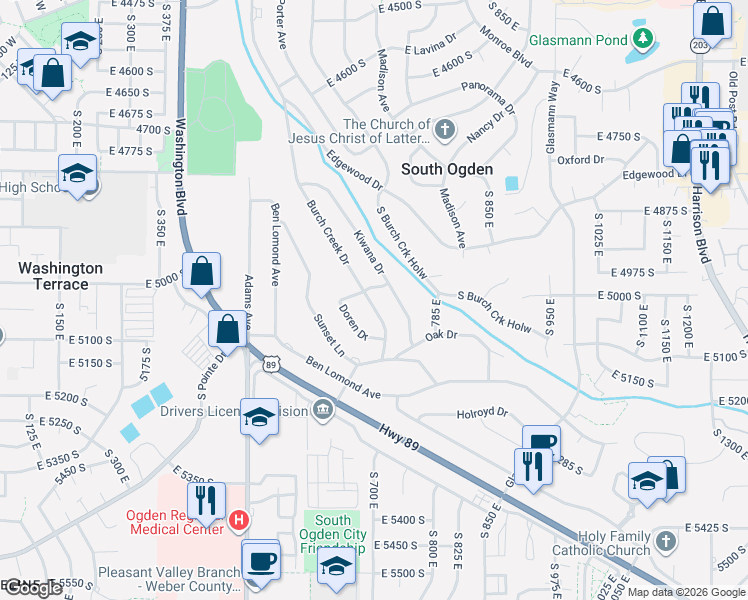 map of restaurants, bars, coffee shops, grocery stores, and more near 5040 Burch Creek Drive in Ogden
