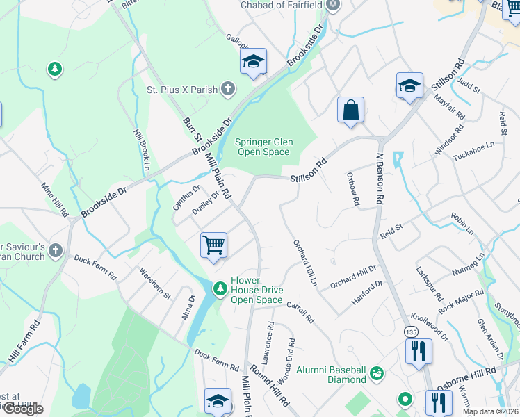 map of restaurants, bars, coffee shops, grocery stores, and more near 40 Ferguson Drive in Fairfield