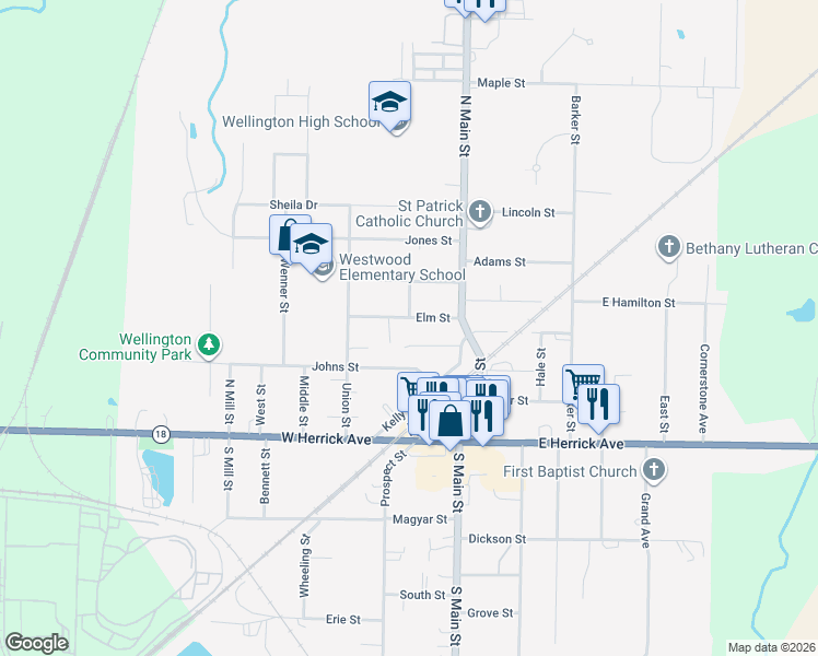 map of restaurants, bars, coffee shops, grocery stores, and more near 131 Elm St in Wellington