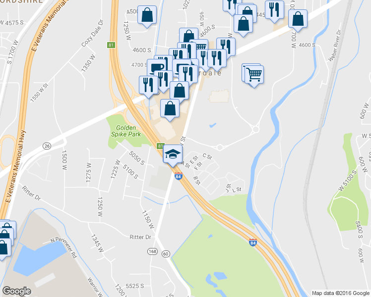 map of restaurants, bars, coffee shops, grocery stores, and more near 5098 South 1050 West in Ogden