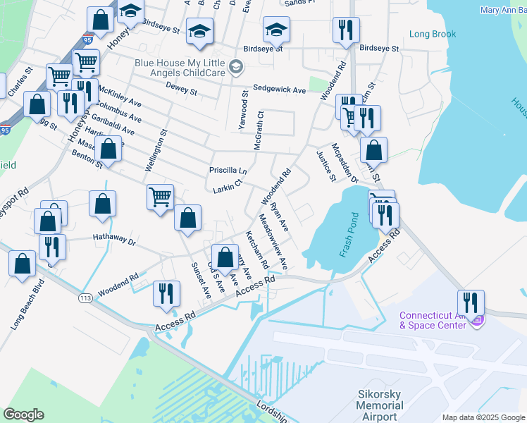 map of restaurants, bars, coffee shops, grocery stores, and more near 15 Meadowview Avenue in Stratford