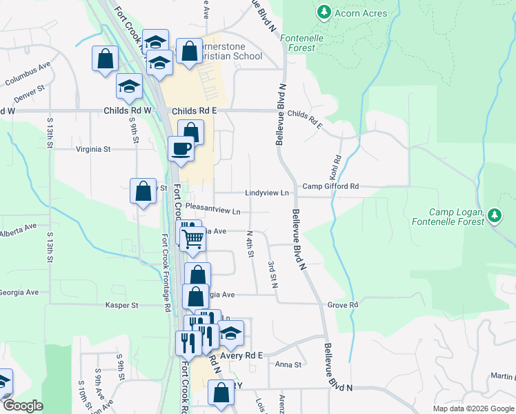 map of restaurants, bars, coffee shops, grocery stores, and more near 2002 Pleasantview Ln in Bellevue