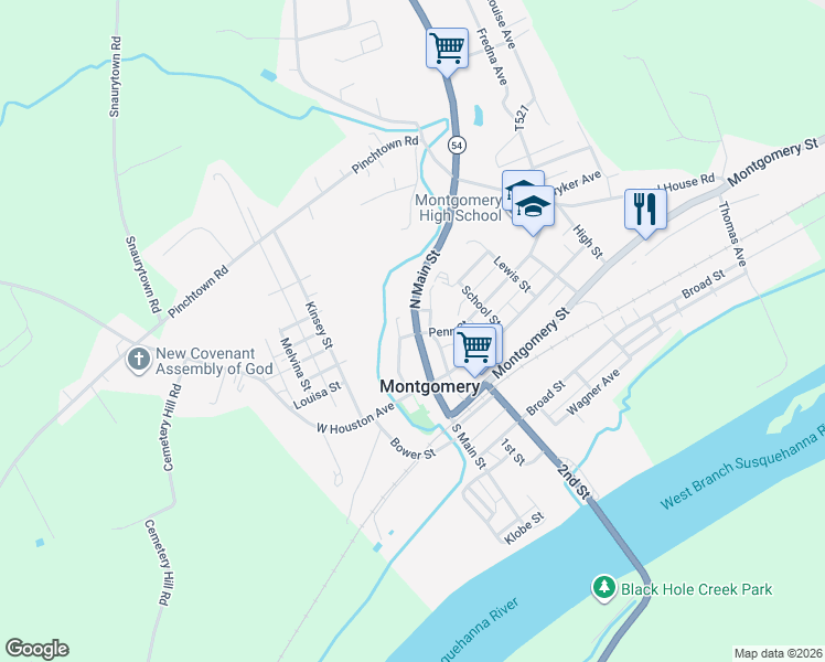map of restaurants, bars, coffee shops, grocery stores, and more near 47 North Main Street in Montgomery