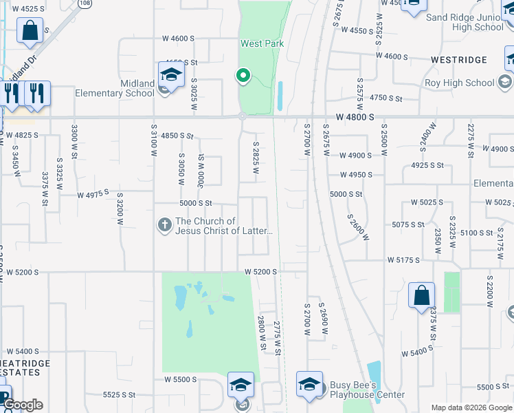 map of restaurants, bars, coffee shops, grocery stores, and more near 5026 South 2825 West in Roy