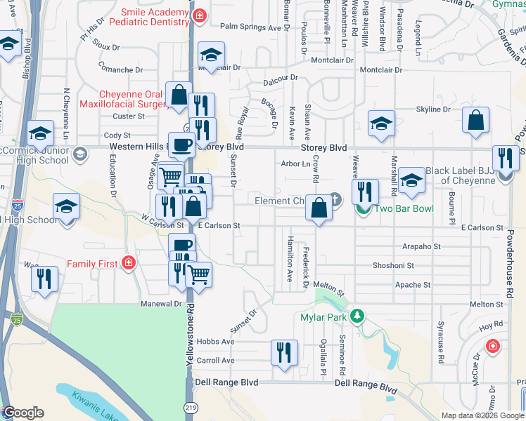 map of restaurants, bars, coffee shops, grocery stores, and more near 239 Miller Lane in Cheyenne