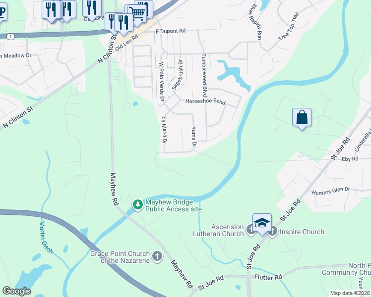 map of restaurants, bars, coffee shops, grocery stores, and more near 9607 Yuma Drive in Fort Wayne