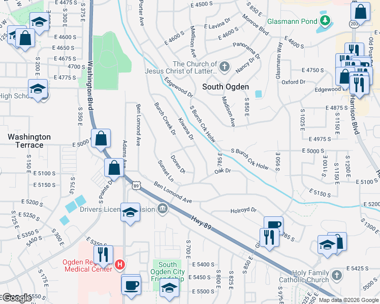 map of restaurants, bars, coffee shops, grocery stores, and more near 5040 Burch Creek Dr in Ogden