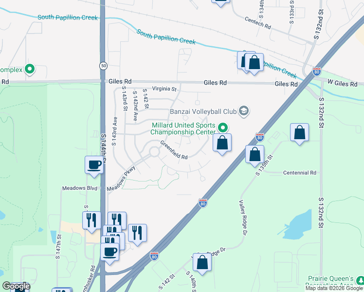 map of restaurants, bars, coffee shops, grocery stores, and more near 8715 South 139th Avenue in Omaha