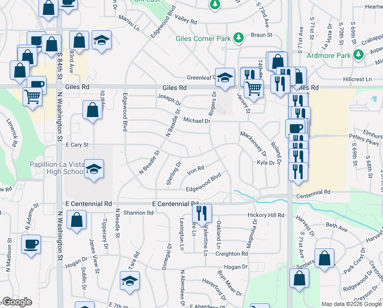 map of restaurants, bars, coffee shops, grocery stores, and more near 1202 Castana Circle in Papillion