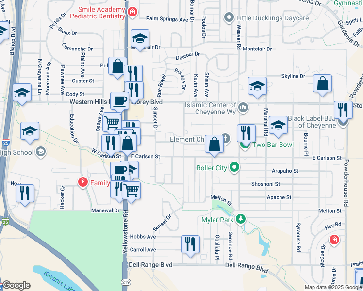 map of restaurants, bars, coffee shops, grocery stores, and more near 307 Miller Lane in Cheyenne