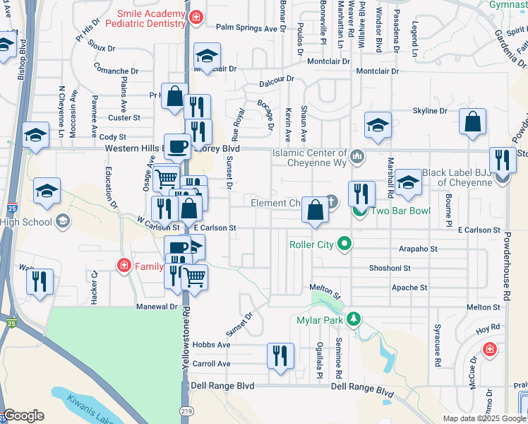 map of restaurants, bars, coffee shops, grocery stores, and more near 239 Miller Lane in Cheyenne
