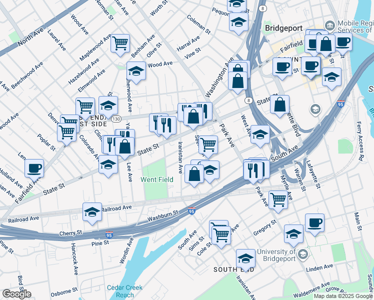 map of restaurants, bars, coffee shops, grocery stores, and more near 162 Cottage Street in Bridgeport