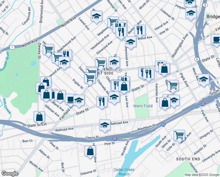 map of restaurants, bars, coffee shops, grocery stores, and more near 269 Clinton Avenue in Bridgeport