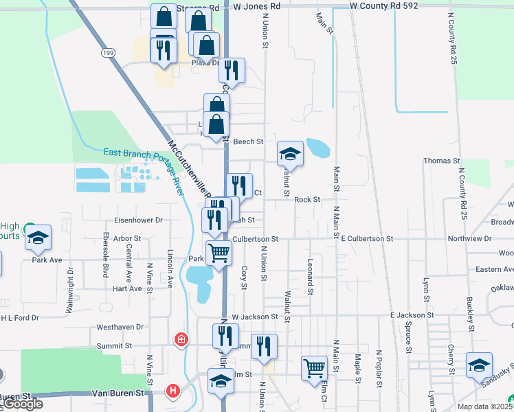 map of restaurants, bars, coffee shops, grocery stores, and more near 1230 North County Line Street in Fostoria