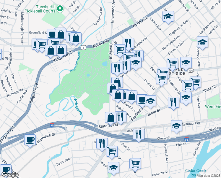 map of restaurants, bars, coffee shops, grocery stores, and more near 322 Dewey St in Bridgeport