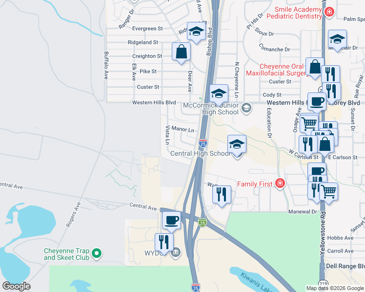 map of restaurants, bars, coffee shops, grocery stores, and more near 613 Harmony Lane in Cheyenne