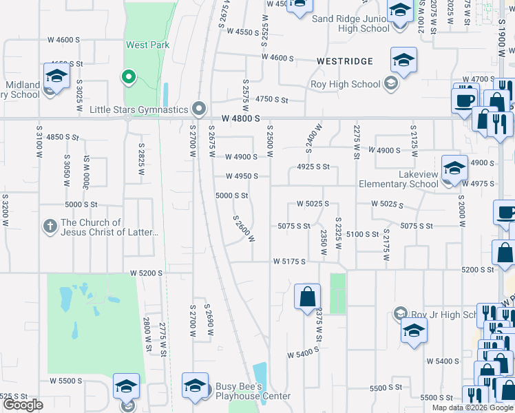 map of restaurants, bars, coffee shops, grocery stores, and more near 5024 South 2575 West in Roy