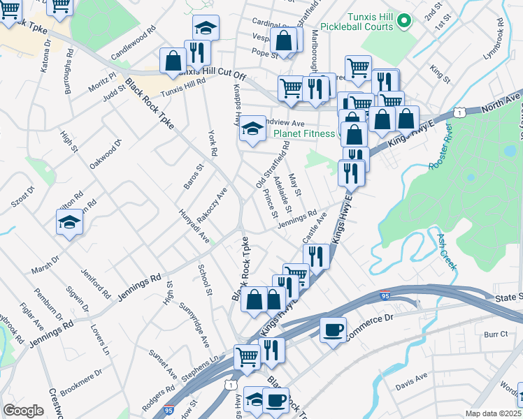 map of restaurants, bars, coffee shops, grocery stores, and more near 60 Bibbins Avenue in Fairfield