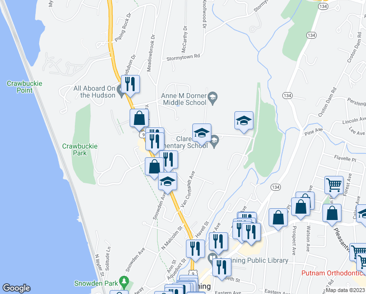 map of restaurants, bars, coffee shops, grocery stores, and more near 3 Hudson View Hill in Ossining
