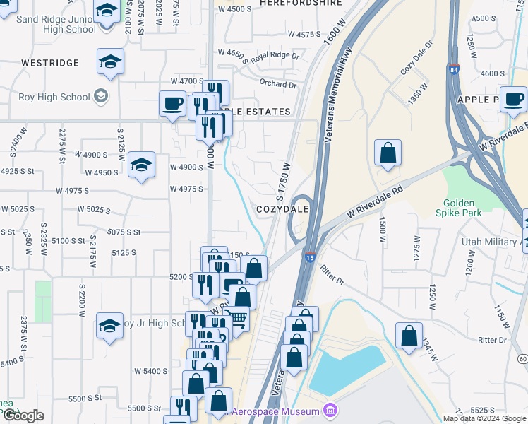 map of restaurants, bars, coffee shops, grocery stores, and more near 1793 West 5100 South in Roy