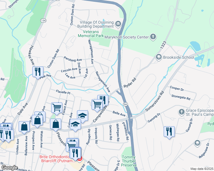 map of restaurants, bars, coffee shops, grocery stores, and more near 8 Narragansett Avenue in Ossining