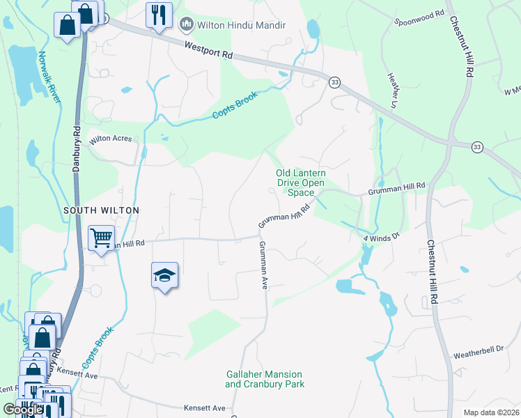 map of restaurants, bars, coffee shops, grocery stores, and more near 128 Grumman Hill Road in Wilton