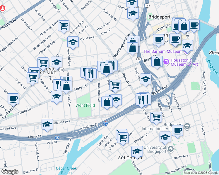 map of restaurants, bars, coffee shops, grocery stores, and more near 162 Cottage Street in Bridgeport