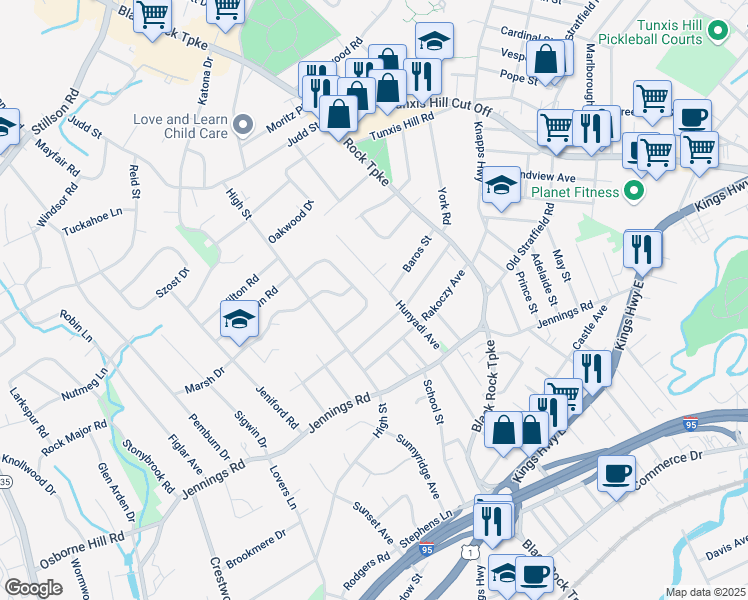 map of restaurants, bars, coffee shops, grocery stores, and more near 222 Country Road in Fairfield