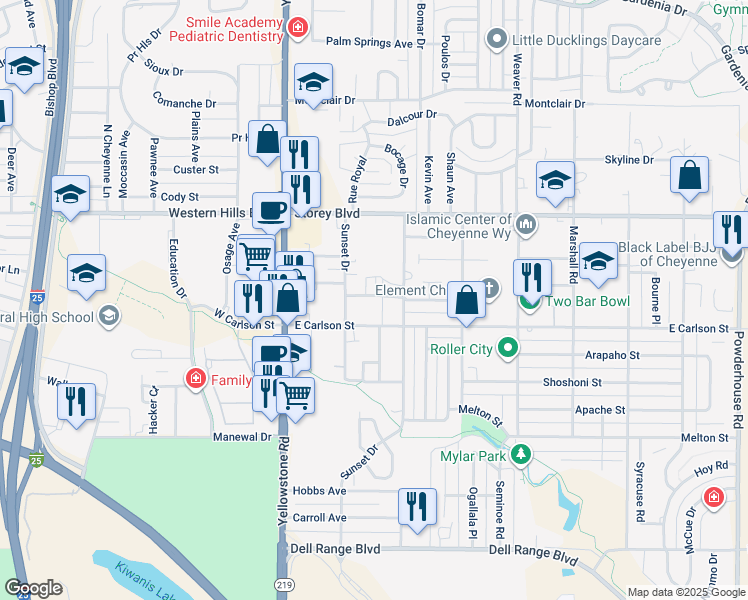 map of restaurants, bars, coffee shops, grocery stores, and more near 245 Miller Lane in Cheyenne