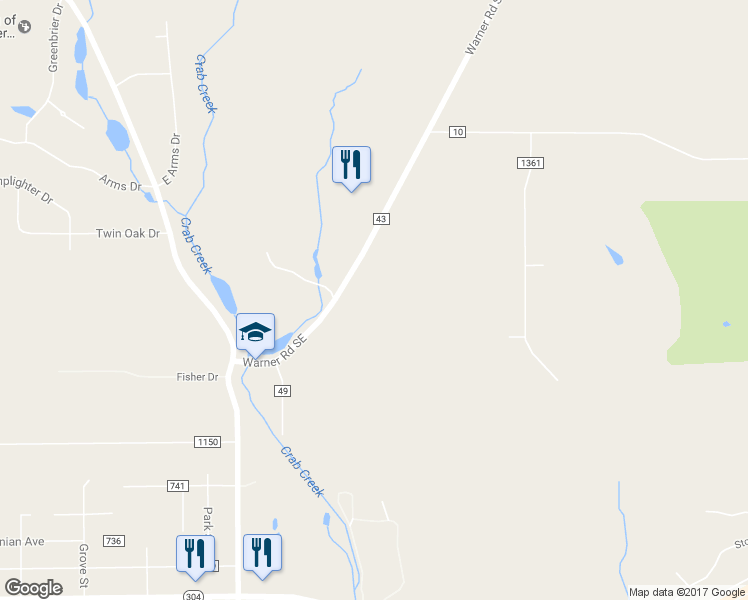 map of restaurants, bars, coffee shops, grocery stores, and more near 59 Warner Road Southeast in Hubbard