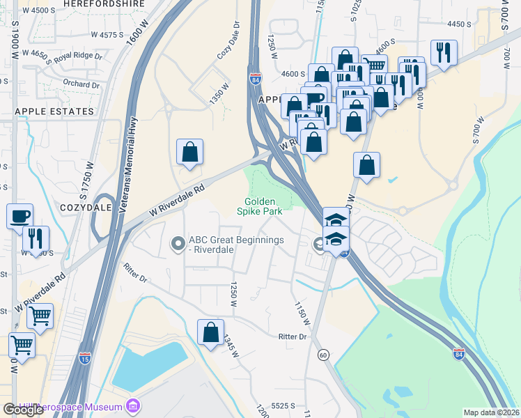 map of restaurants, bars, coffee shops, grocery stores, and more near 1255 5050 South in Ogden