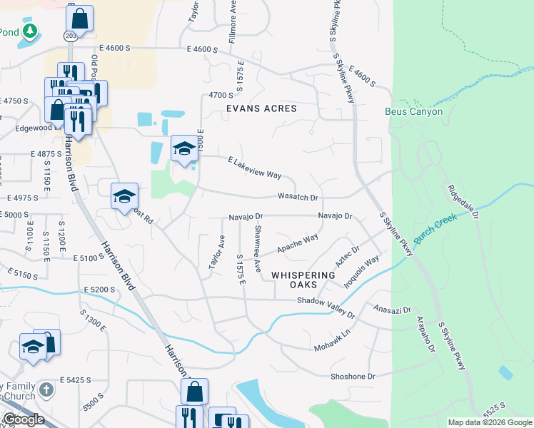 map of restaurants, bars, coffee shops, grocery stores, and more near 1634 East 5015 South in Ogden