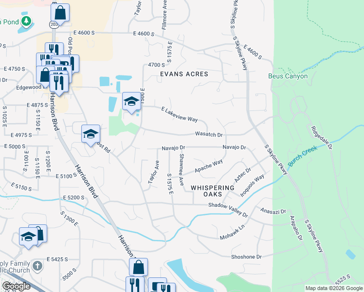 map of restaurants, bars, coffee shops, grocery stores, and more near 1634 East 5015 South in Ogden