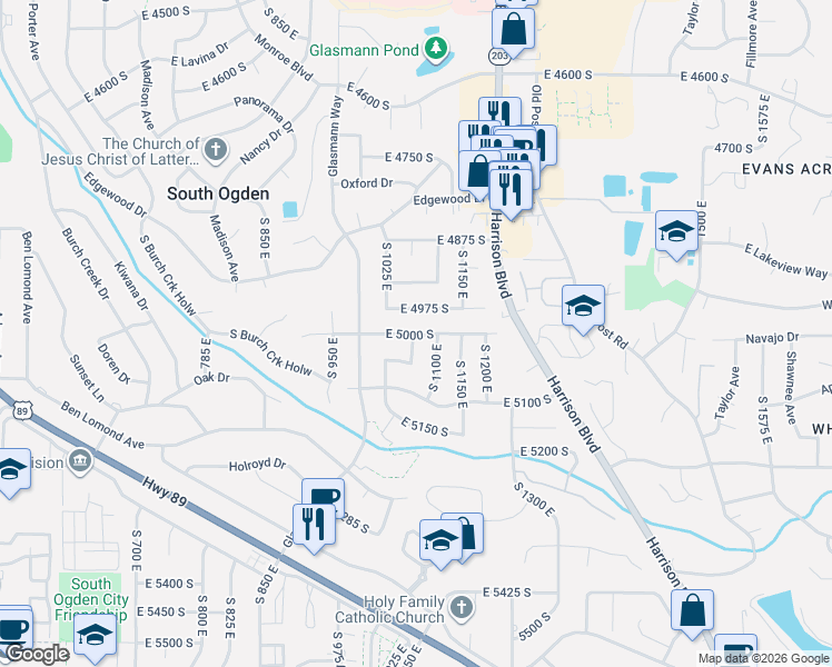 map of restaurants, bars, coffee shops, grocery stores, and more near 5011 South 1075 East in Ogden