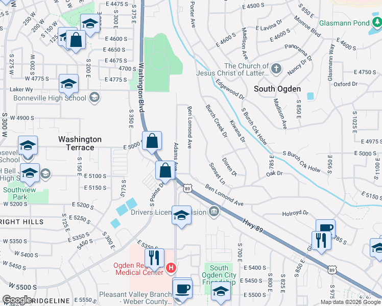 map of restaurants, bars, coffee shops, grocery stores, and more near 5025 Ben Lomond Avenue in South Ogden