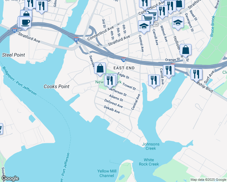 map of restaurants, bars, coffee shops, grocery stores, and more near 164-166 Jefferson Street in Bridgeport